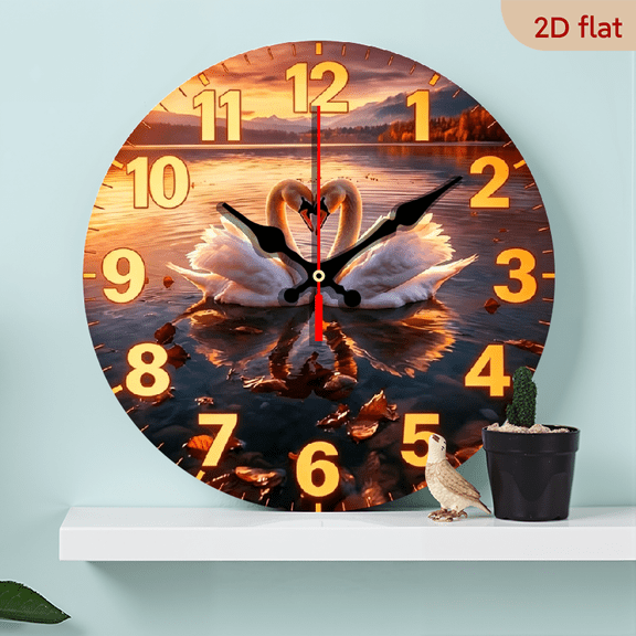 A 10-inch 2D flat wooden round wall clock, themed "Romantic Swans on Sunset Lake". Suitable for bedroom, living room, office decoration. Can be a gift for various festivals.
