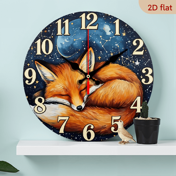 A 10-inch 2D flat wooden round wall clock, themed "Sleeping Fox". Perfect for bedroom, living room, office decoration. Great gift for Mother's Day and special occasions.