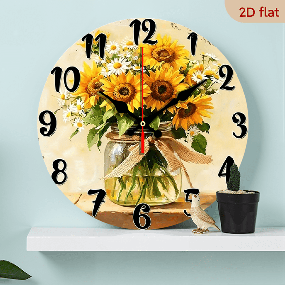 A 10-inch 2D flat wooden round wall clock, themed "Sunflower Bouquet in Glass Jar". Suitable for bedroom, living room, office decoration. Can be a gift for various festivals.