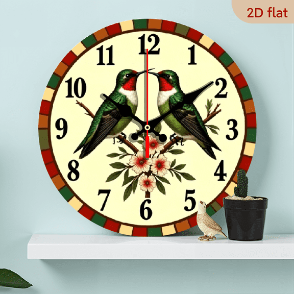 A 10-inch 2D flat wooden round wall clock, themed "Two Hummingbirds and Flowers". Suitable for bedroom, living room, office decoration. Can be a gift for various festivals.