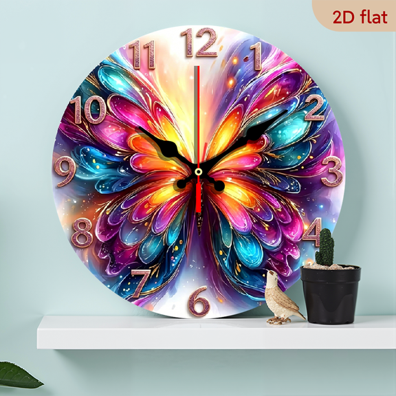 A 10-inch 2D flat wooden round wall clock, themed "Vibrant Crystal Butterfly". Suitable for bedroom, living room, office decoration. Perfect as a gift for various festivals.