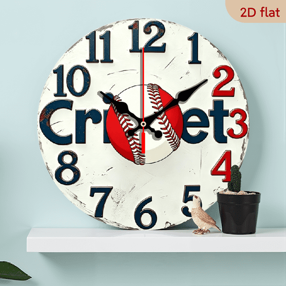 A 10-inch 2D flat wooden round wall clock, themed "baseball cricket", suitable for bedroom, living room, office decoration. A perfect gift for various festivals.