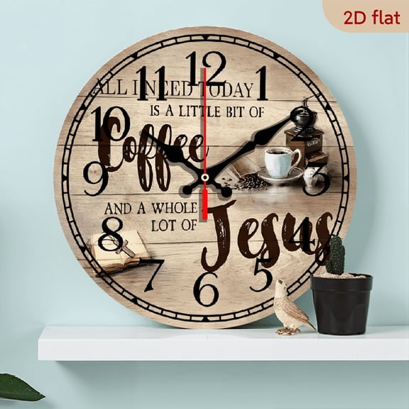 A 10-inch 2D flat wooden round wall clock, themed "coffee and religious text". Suitable for bedroom, living room, office decoration. Perfect as a Mother's Day gift.
