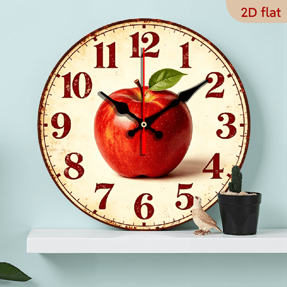 A 10-inch 2D flat wooden round wall clock, themed "fresh apple". Great for bedroom, living room, office adornment. Fresh Mother's Day and festive season present.