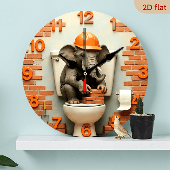 A 10-inch 2D flat wooden round wall clock, themed "funny elephant". Perfect for bedroom, living room, office decor. Unique Mother's Day and holiday gift.