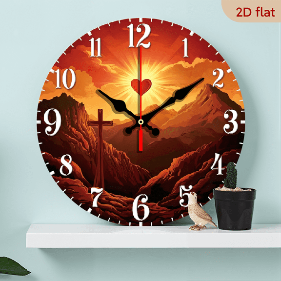 A 10-inch 2D flat wooden round wall clock, themed "mountain cross", suitable for bedroom, living room, office decoration. A perfect gift for various festivals.