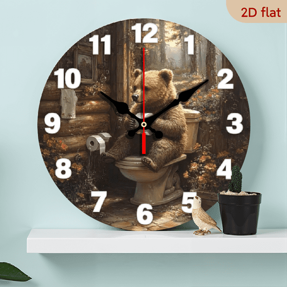 A 10-inch 2D flat wooden silent round wall clock with a "Bear Using the Toilet" theme. It can be used to decorate bedrooms, living rooms, or offices, and is also the top choice for gift-giving.