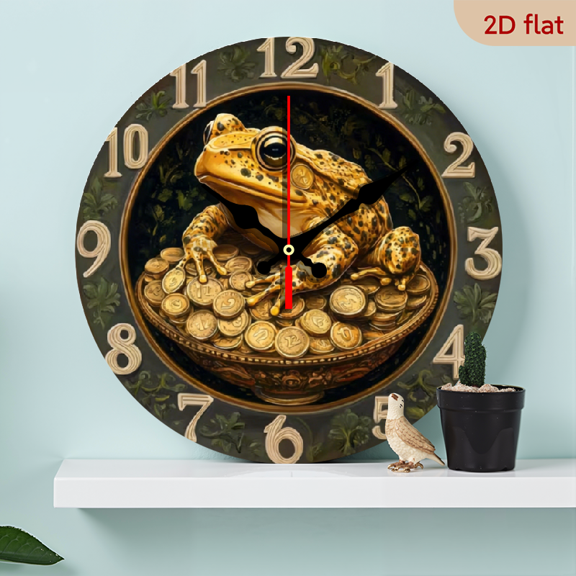 A 10-inch 2D flat wooden silent round wall clock with a "Golden Toad" theme. It can be used to decorate bedrooms, living rooms, or offices, and is also the top choice for gift-giving.