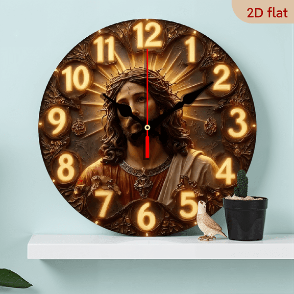 A 10-inch 2D flat wooden silent round wall clock with a "Jesus the God" theme, suitable for decorating bedrooms, living rooms, and offices. It is an ideal gift choice for the New Year.