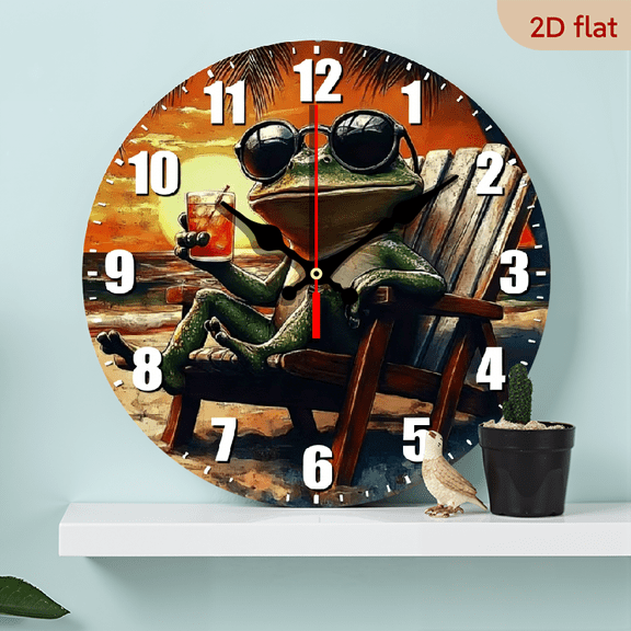 A 10-inch 2D flat wooden silent round wall clock with a "Relaxed Frog" theme. It can be used to decorate bedrooms, living rooms, or offices, and is also the top choice for gift-giving.