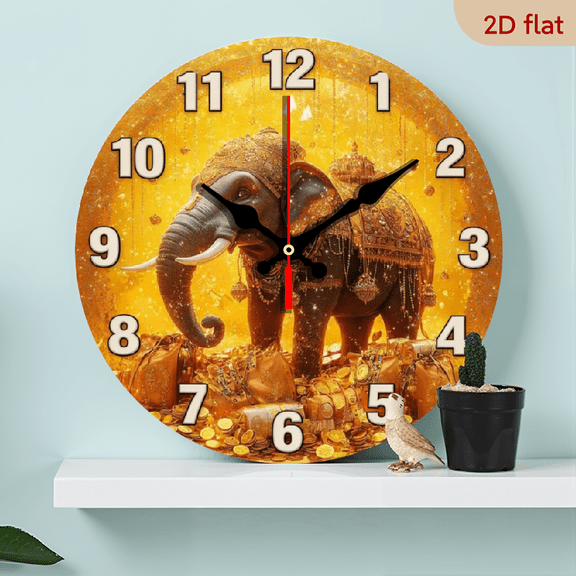 A 10-inch 2D flat wooden silent round wall clock with a "Rich Elephant" theme, suitable for decorating bedrooms, living rooms, and offices. It is an excellent choice for New Year gifts.