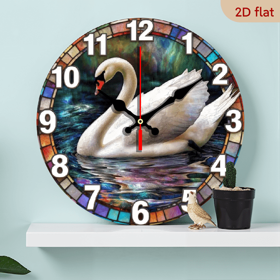 A 10-inch 2D flat wooden silent round wall clock with a "White Swan" theme. It can be used to decorate bedrooms, living rooms, or offices, and is also the top choice for gift-giving.