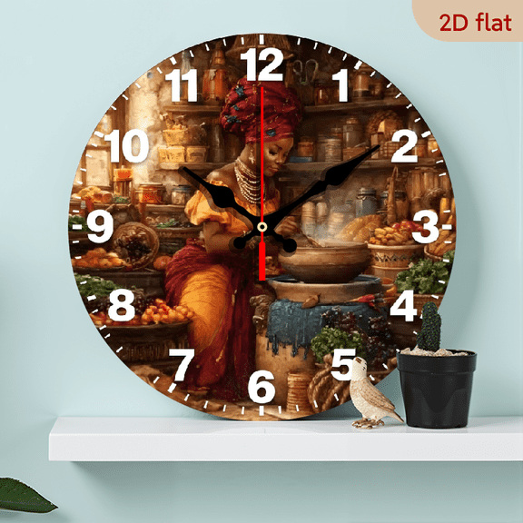 A 10-inch 2D flat wooden silent wall clock with an "African Cuisine" theme. It is an excellent choice for Halloween/Easter/Christmas gifts and is suitable for modern home decoration art.