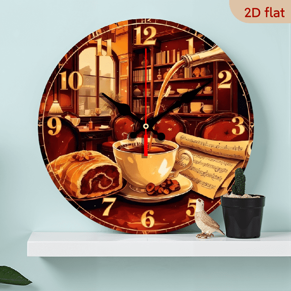 A 10-inch 2D flat wooden silent wall clock with a "Retro Breakfast" theme. It is an excellent choice for Halloween/Easter/Christmas gifts and is suitable for modern home decoration art.