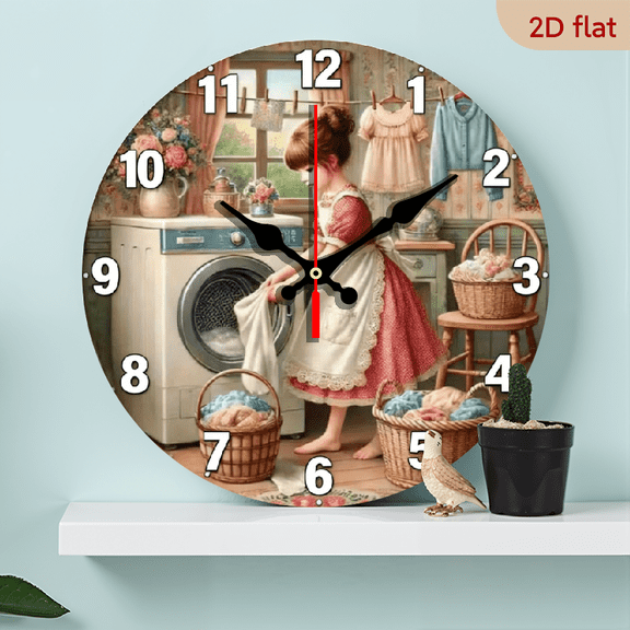 A 10-inch 2D flat wooden silent wall clock with a "retro laundry room" theme. It is an excellent choice for Halloween/Easter/Christmas gifts and is suitable for modern home decoration art.