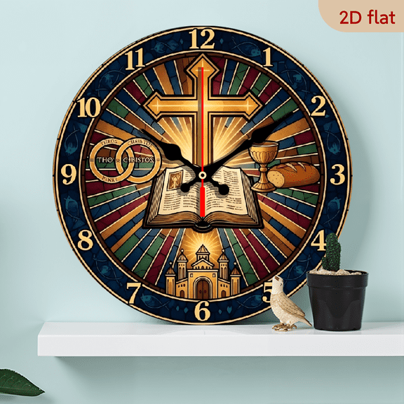 A 10-inch 2D flat wooden silent wall clock with the theme of "Church Faith" is an excellent choice for Halloween/Easter/Christmas gifts and is suitable for modern home decoration art.