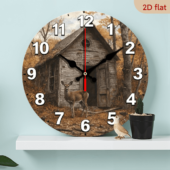 A 10-inch 2D flat wooden silent wall clock with the theme of "Red Deer and Log Cabin" is an excellent choice for decorating the interior walls and also a wonderful gift for special occasions.