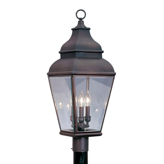 10 inch 3 Light Bronze Outdoor Post Lantern Pendant Lighting Fixture with Clear Beveled Glass Shade backed with Hand Crafted Solid Brass material for patio, front porch, entryway and more