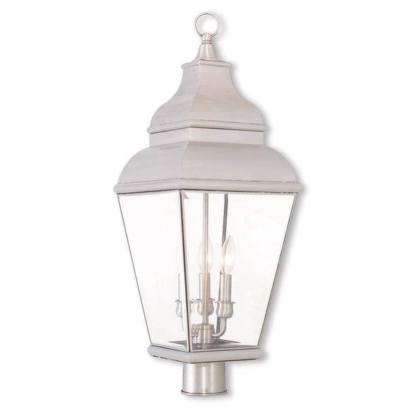 10 inch 3 Light Brushed Nickel Post-Top Lantern Pendant Lighting Fixture with Clear Beveled Glass Shade backed with Hand Crafted Solid Brass material for patio, front porch, entryway and more