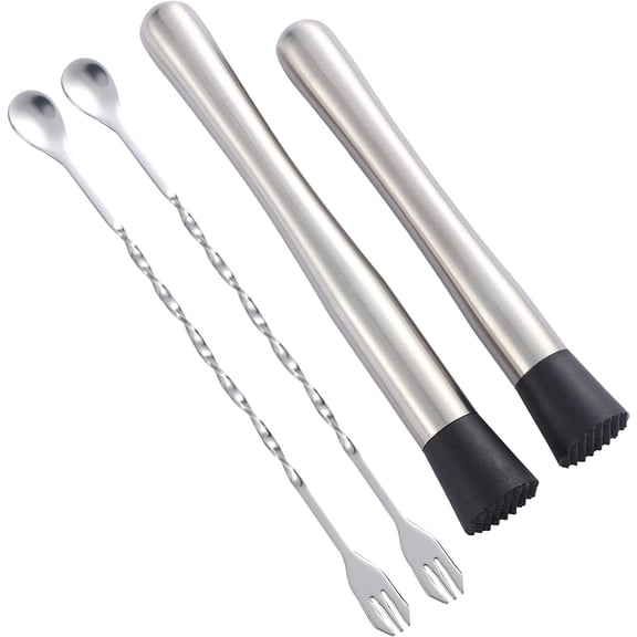 10 inch & 8 inch Stainless Steel Cocktail Muddler with 2 Mixing Spoon, Home Bar Tool Set, for Making & Creating Delicious Mojitos, & Other Fruit Based Drinks & Beverages in Various Containers