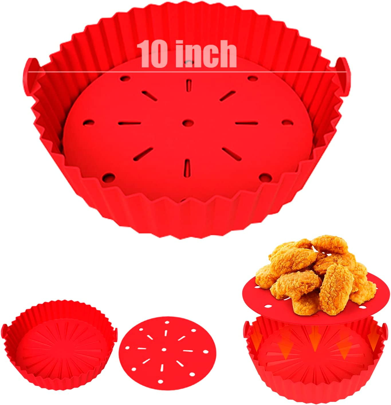 10 inch Air Fryer Silicone Liners for 7qt or Bigger Air Fryer, Large Reusable Air Fryer Silicone Basket with Round Silicone Mat ,Non-stick Easy to Clear(XL,Red)