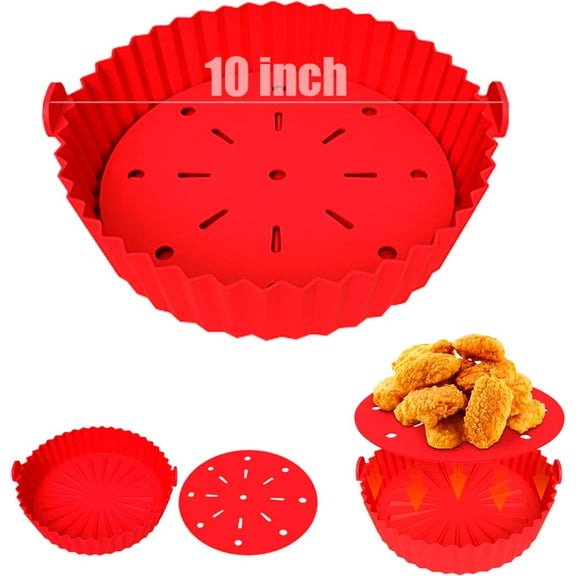 10 inch Air Fryer Silicone Liners for 7qt or Bigger Air Fryer, Large Reusable Air Fryer Silicone Basket with Round Silicone Mat ,Non-stick Easy to Clear(XL,Red)