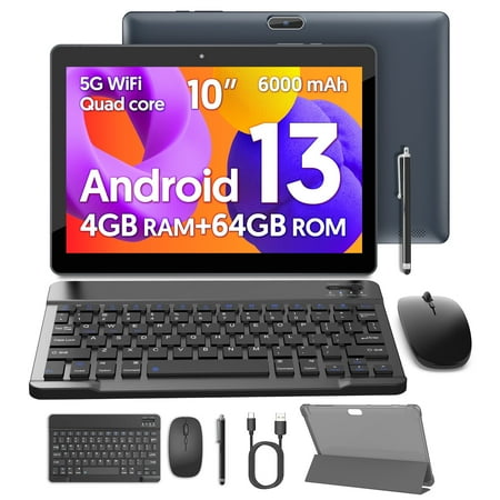 10 inch Android 13 Tablet, 4GB+64GB+1TB Expand, 2 in 1 Tablets with Keyboard,Case, Mouse,Stylus,4-Core,2+8MP Dual Camera, 6000mAh,BT5.0,WiFi 6