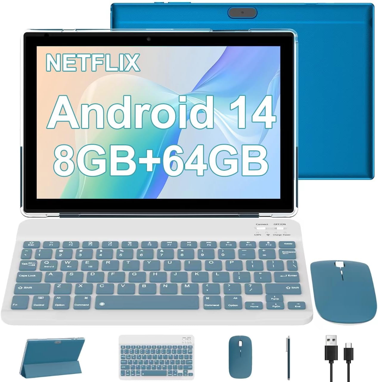 10 inch Android 14 Tablet, 2024 Newest 2 in 1 Tablet with Keyboard/ Mouse/ Case, 8GB RAM+64GB ROM+1TB Expandable Computer Tablets, 1280*800 IPS Screen, 2+8MP Dual Camera, 2.4G/5G Wifi 6 BT 5.0 Tablet