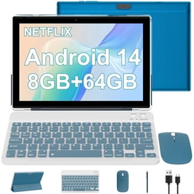 10 inch Android 14 Tablet, 2024 Newest 2 in 1 Tablet with Keyboard/ Mouse/ Case, 8GB RAM+64GB ROM+1TB Expandable Computer Tablets, 1280*800 IPS Screen, 2+8MP Dual Camera, 2.4G/5G Wifi 6 BT 5.0 Tablet