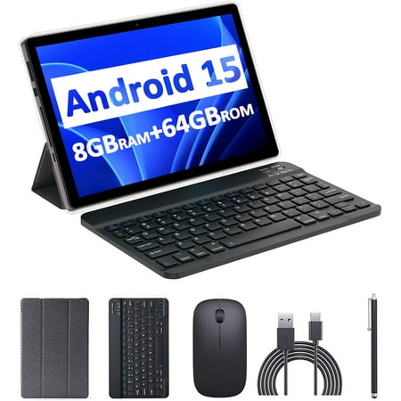 10 inch Android 14 Tablet, 2024 Newest 2 in 1 Tablet with Keyboard/ Mouse/ Case, 8GB RAM+64GB ROM+1TB Expandable Computer Tablets, 1280*800 IPS Screen, 2+8MP Dual Camera, 2.4G/5G Wifi 6 BT 5.0 Tablet
