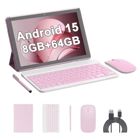 Pre-Owned 10 inch Android 15 Tablet, 2026 Newest 2 in 1 Tablet with Keyboard/ Mouse/ Case, 8GB RAM+64GB ROM+1TB Expandable Computer Tablets, 1280*800 IPS Screen, 2+8MP Dual Camera, 2.4G/5G Wifi 6 BT 5.0 Tablet