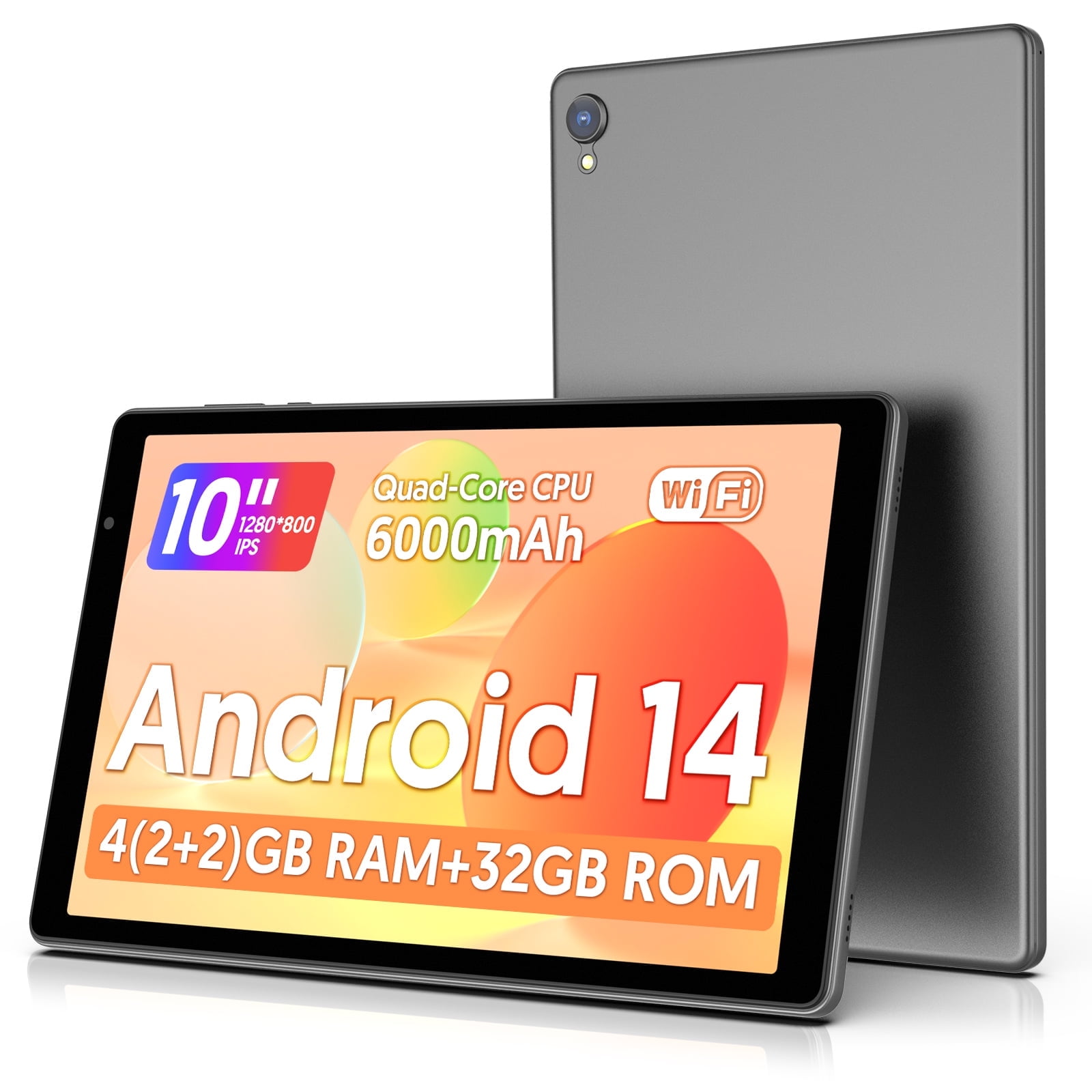 10 inch Android 14 Tablet，Android Tablets Quad Core Processor,4GB+32GB+1TB Expandable Tablet Computer,1280*800 IPS Screen,6000mAh Battery,WiFi - Gray