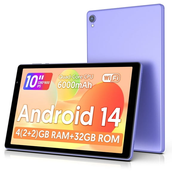 10 inch Android 14 Tablet,Android Tablets Quad Core Processor,4GB+32GB+1TB Expandable Tablet Computer,1280*800 IPS Screen,6000mAh Battery,WiFi - Purple