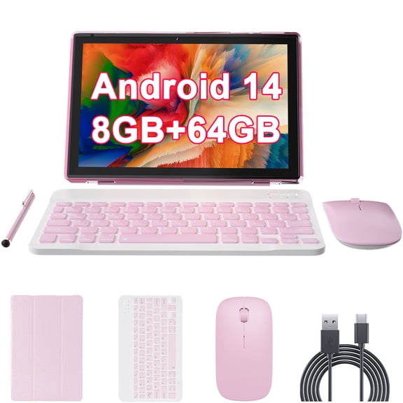 10 inch Android 14 Tablet with Keyboard, 2 in 1 Tablets Set Include Case Mouse Stylus Film, 8GB RAM+64GB ROM, Quad Core 10.1'' Tab, 6000mAh Battery, 8MP Dual Camera, Google GMS Tableta, Pink