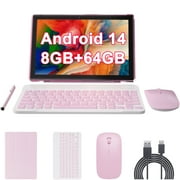 10 inch Android 14 Tablet with Keyboard, 2 in 1 Tablets Set Include Case Mouse Stylus Film, 8GB RAM+64GB ROM, Quad Core 10.1 Tab, 6000mAh Battery, 8MP Dual Camera, Google GMS Tableta, Pink