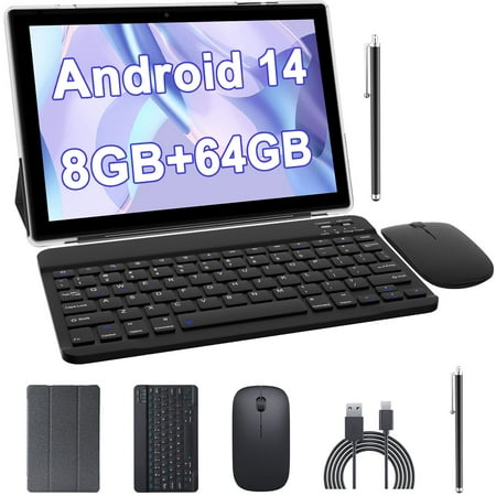 10 inch Android 14 Tablet with Keyboard, 2 in 1 Tablets Set Include Case Mouse Stylus Film, 8GB RAM+64GB ROM, Quad Core 10.1'' Tab, 6000mAh Battery, 8MP Dual Camera, Google GMS Tableta, Black
