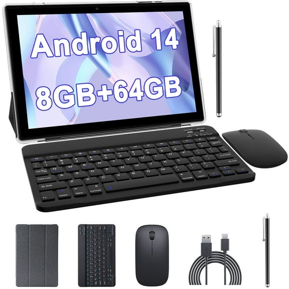 10 inch Android 14 Tablet with Keyboard, 2 in 1 Tablets Set Include Case Mouse Stylus Film, 8GB RAM+64GB ROM, Quad Core 10.1'' Tab, 6000mAh Battery, 8MP Dual Camera, Google GMS Tableta, Black