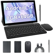 10 inch Android 14 Tablet with Keyboard, 2 in 1 Tablets Set Include Case Mouse Stylus Film, 8GB RAM+64GB ROM, Quad Core 10.1 Tab, 6000mAh Battery, 8MP Dual Camera, Google GMS Tableta, Black
