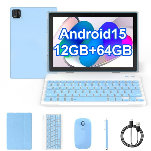 10 inch Android 15 Tablet with Keyboard, 12GB RAM+64GB ROM+1TB Expend Tableta, 1.8Ghz Quad-Core Processor, 2 in 1 Tablet with Case/ Mouse/ Stylus/ 8MP Camera/ 6000mAh Battery/ 1280x800 HD Display