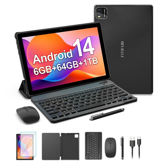 10 inch Android 14 Tablets, 6GB RAM 64GB ROM 1TB Expanded, 6000mAh Battery, 5G Wi-Fi 6, 2MP+8MP Dual Camera, Bluetooth, 1280 * 800 FHD IPS Tablet with Keyboard(Black)