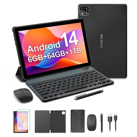 FITIFUN 10.1 inch Android 14 Tablets with Keyboard, 6GB RAM 64GB ROM 1TB Expanded, Quad Core, 6000mAh,5G/2.4G WiFi, HD Display,Black