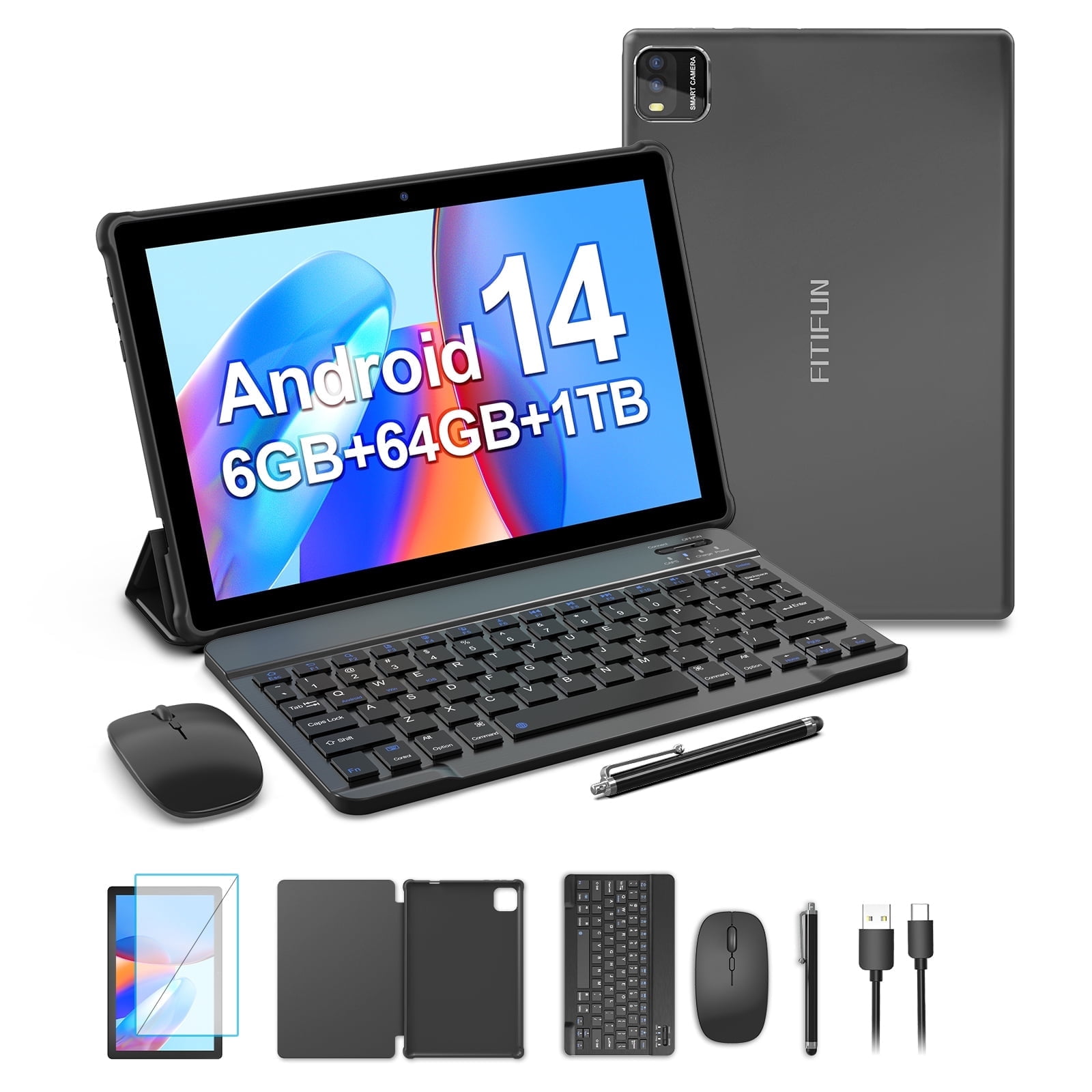 FITIFUN 10.1 inch Android 14 Tablets with Keyboard, 6GB RAM 64GB ROM 1TB Expanded, Quad Core, 6000mAh,5G/2.4G WiFi, HD Display,Gray