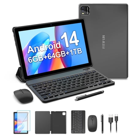 FITIFUN 10.1 inch Android 14 Tablets with Keyboard, 6GB RAM 64GB ROM 1TB Expanded, Quad Core, 6000mAh,5G/2.4G WiFi, HD Display,Gray
