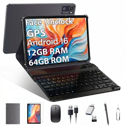 10 inch Android 16 Tablet,12GB RAM 64GB ROM (TF 1TB),MTK6769 Octa-Core,5G WiFi Tablets,BT5.0, GPS Tableta,Face Unclock,21MP Camera,Google Certified,Online Learning Tablets with Keyboard Mouse Stylus