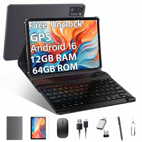 10 inch Android 16 Tablet,12GB RAM 64GB ROM (TF 1TB),MTK6769 Octa-Core,5G WiFi Tablets,BT5.0, GPS Tableta,Face Unclock,21MP Camera,Google Certified,Online Learning Tablets with Keyboard Mouse Stylus