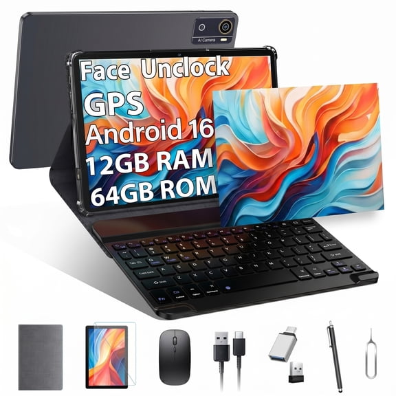 10 inch Android 16 Tablet,12GB RAM 64GB ROM (TF 1TB),MTK6769 Octa-Core,5G WiFi Tablets,BT5.0, GPS Tableta,Face Unclock,21MP Camera,Google Certified,Online Learning Tablets with Keyboard Mouse Stylus