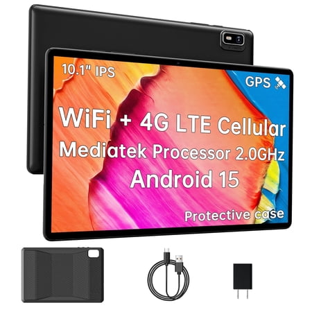 10-inch Android 15 Tablet, Unlocked Cellular Tablet with SIM Card Slot, Octa-Core, 4GB+64GB, TF Slot, Dual-Band WiFi, GPS, Parental Controls, Case Included