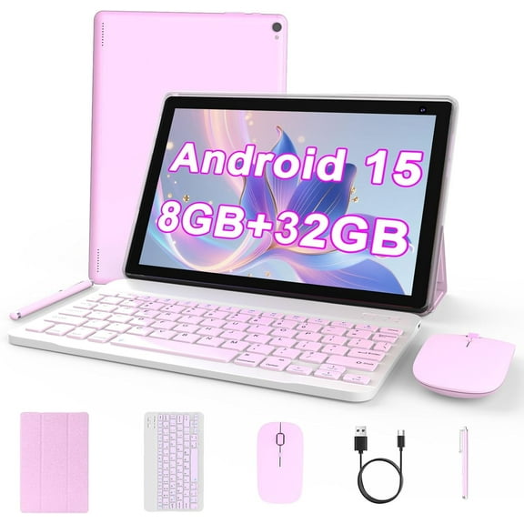 Android 15 Tablet 10 inch, 8GB RAM 32GB ROM Powerful Quad-core CPU, 1280*800 Resolution Screen Tablet, 8MP Camera, 6000mAh Battery Computer, 2 in 1 Tablets with Keyboard, Case, Mouse, Stylus Laptop