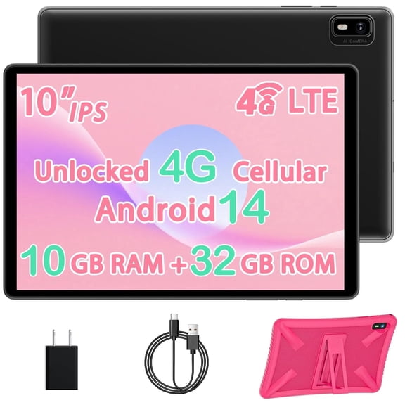 10-inch Android Tablet with Case, Unlocked Cellular Tablet with SIM Slot, 10GB RAM 32GB ROM 1TB Expandable, 2.4G/5G WiFi, BT5.0, 8MP Camera,GPS Navigation, Pink