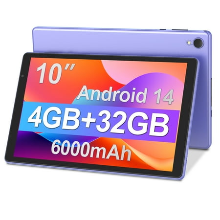 Android Tablet, 10 inch Android 14 Tablet, Quad-core CPU, RAM 4GB(2G+2G), ROM 32GB (Up to 1TB), 800x1280 IPS, WiFi 6, 2MP+2MP, 6000mAh, Purple